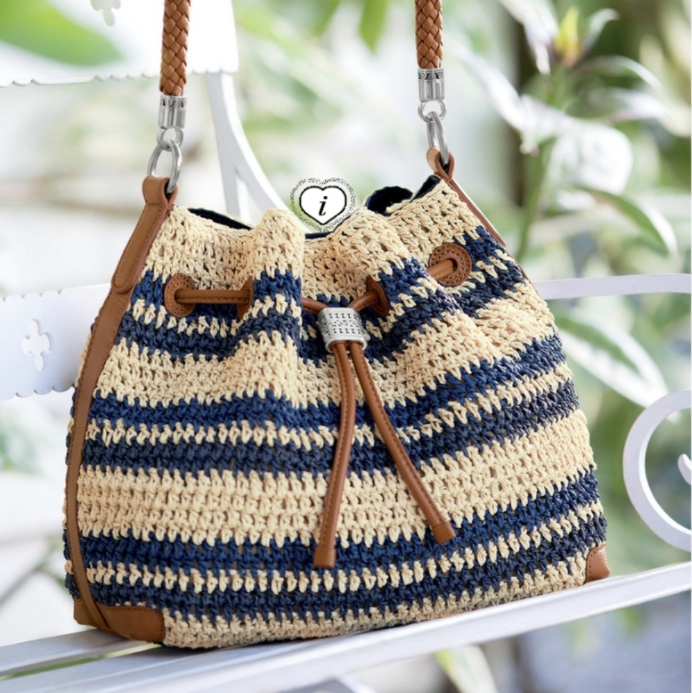 Brighton Sierra Straw Tote Blue Striped Purse Handbag Shoulder Bag